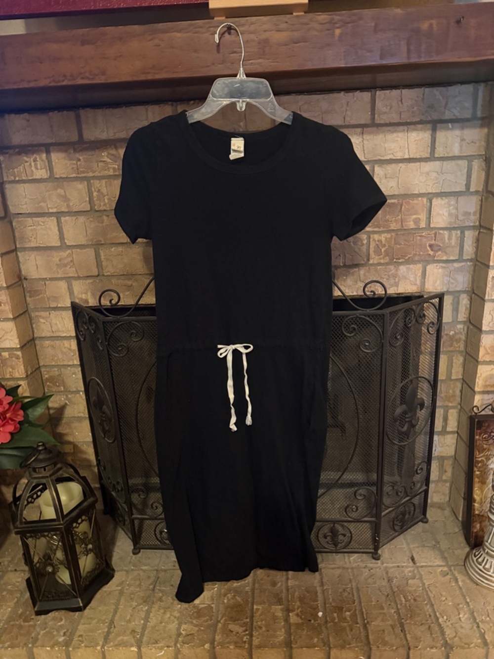 Women’s Black Short Sleeve Midi Dress with Drawstring Waist